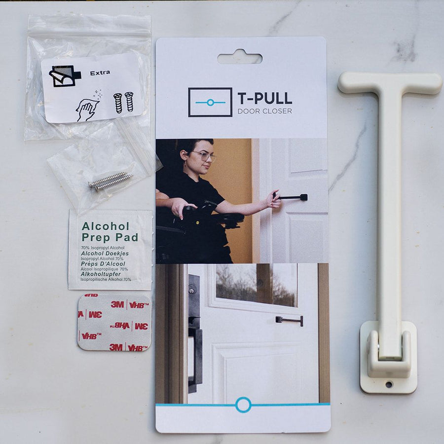 T-Pull Manual Door Closer for Wheelchair Users - Canadian Made Accessibility Aid - Swivel Design for Interior/Exterior Doors (White ABS)