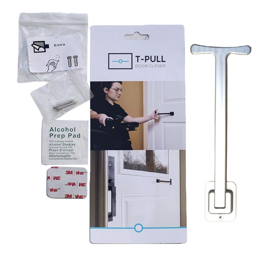 T-Pull Retractable Door Closer for Wheelchair Users - Premium Aluminum with Auto-Return Handle - Canadian Made Accessibility Aid (Silver)
